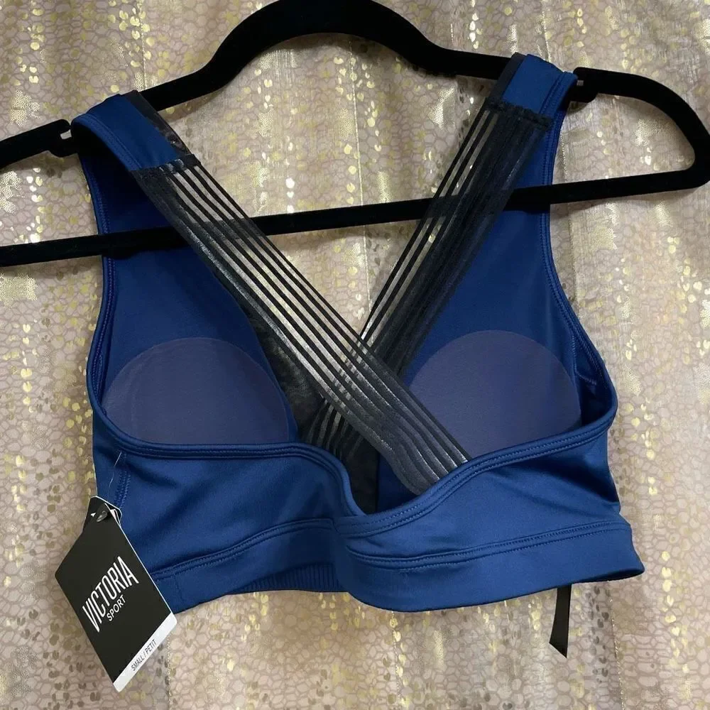 Victorias Secret Sport Navy Blue Black V neck Cross Back Sports Bra Small NWT